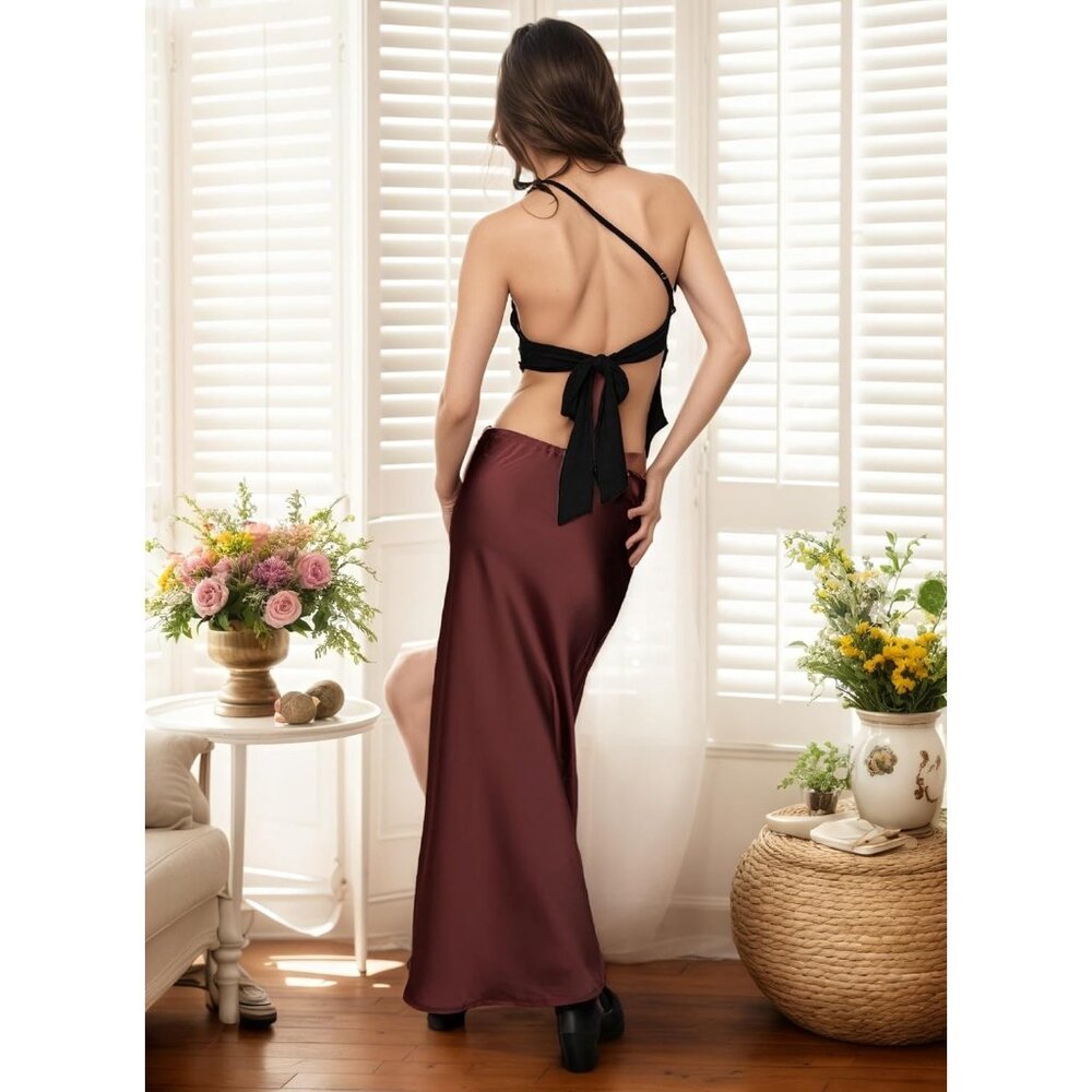 Women's Chocolate Silk Satin Drawstring A-Line Fall Elegant Cocktail Midi Skirt - Picture 5 of 5